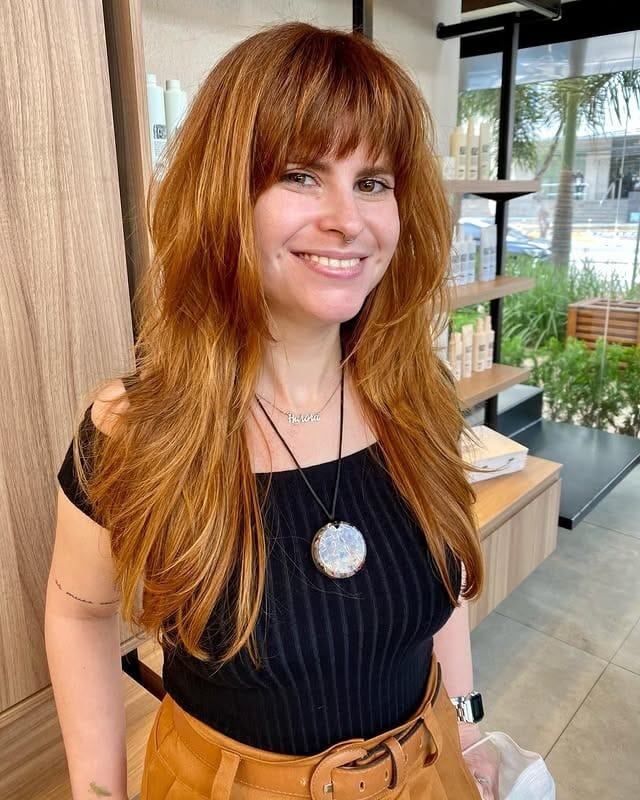 16. Copper Ginger Long Shag with Full Bangs - Long Shaggy Hair