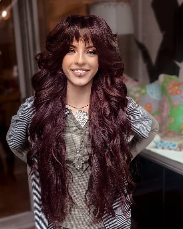 17. Dark Burgundy Layered Shag with Curtain Fringe - Long Shaggy Hair