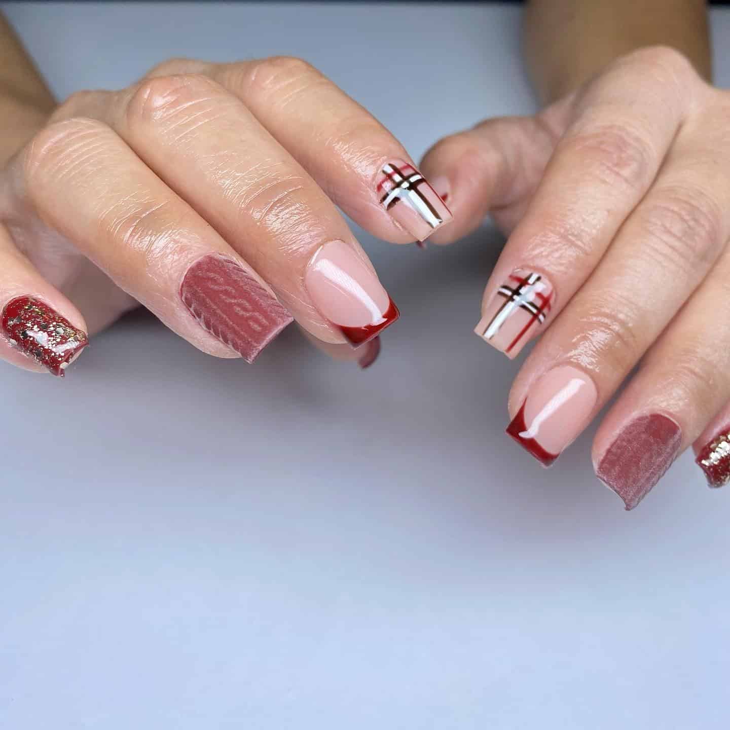 8. Burgundy Plaid Sweater Nails - short thanksgiving nail ideas