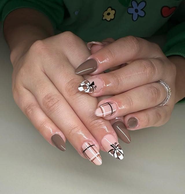 9. Mocha Plaid Almond Nails - short thanksgiving nail ideas