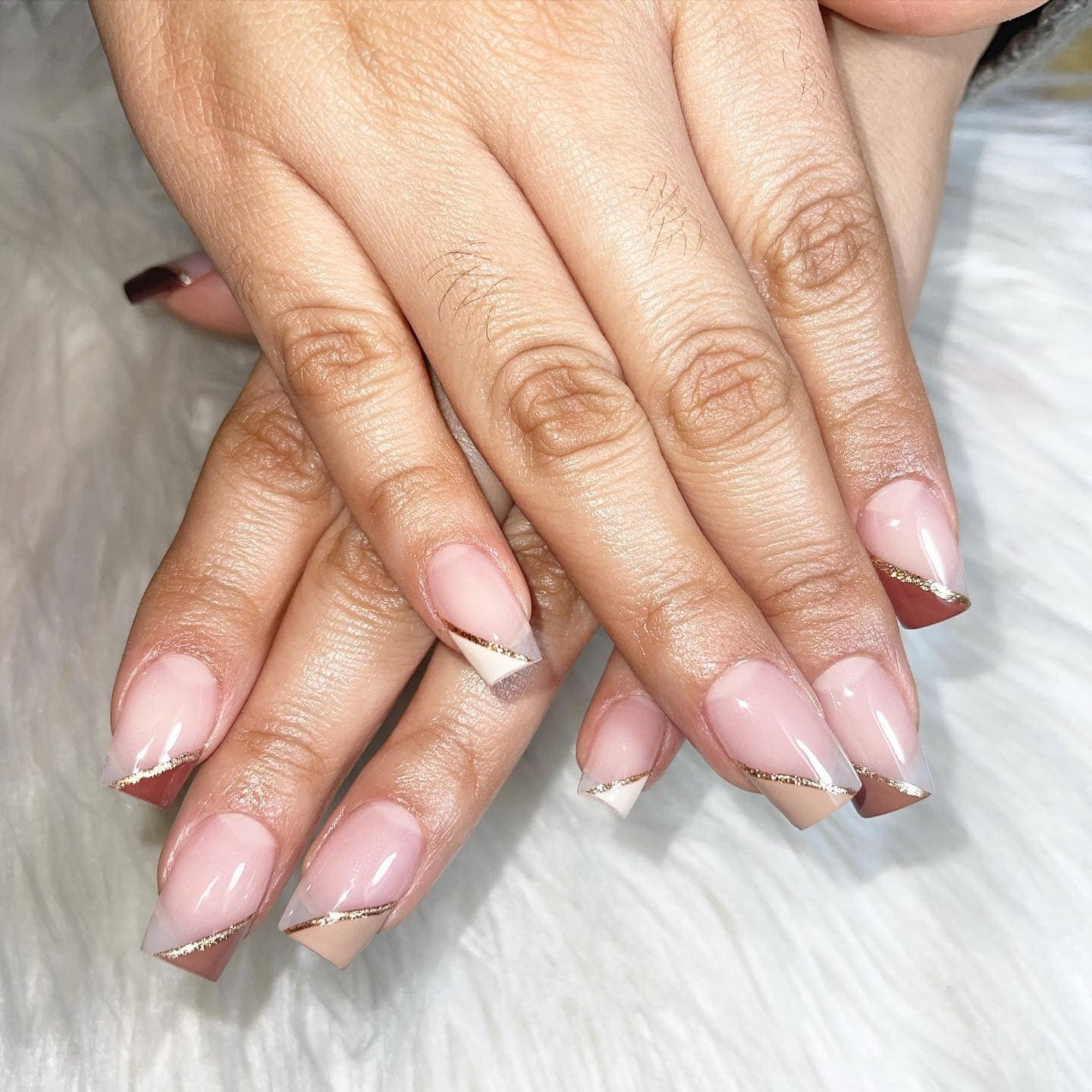 11. Nude Geometric French Tip Nails - short thanksgiving nail ideas