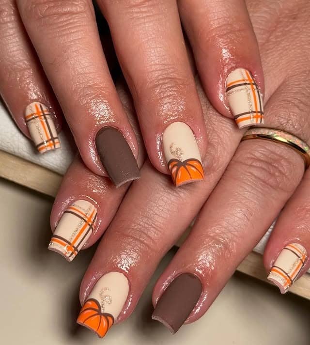 14. Pumpkin Plaid Matte Fall Nails - short thanksgiving nail ideas