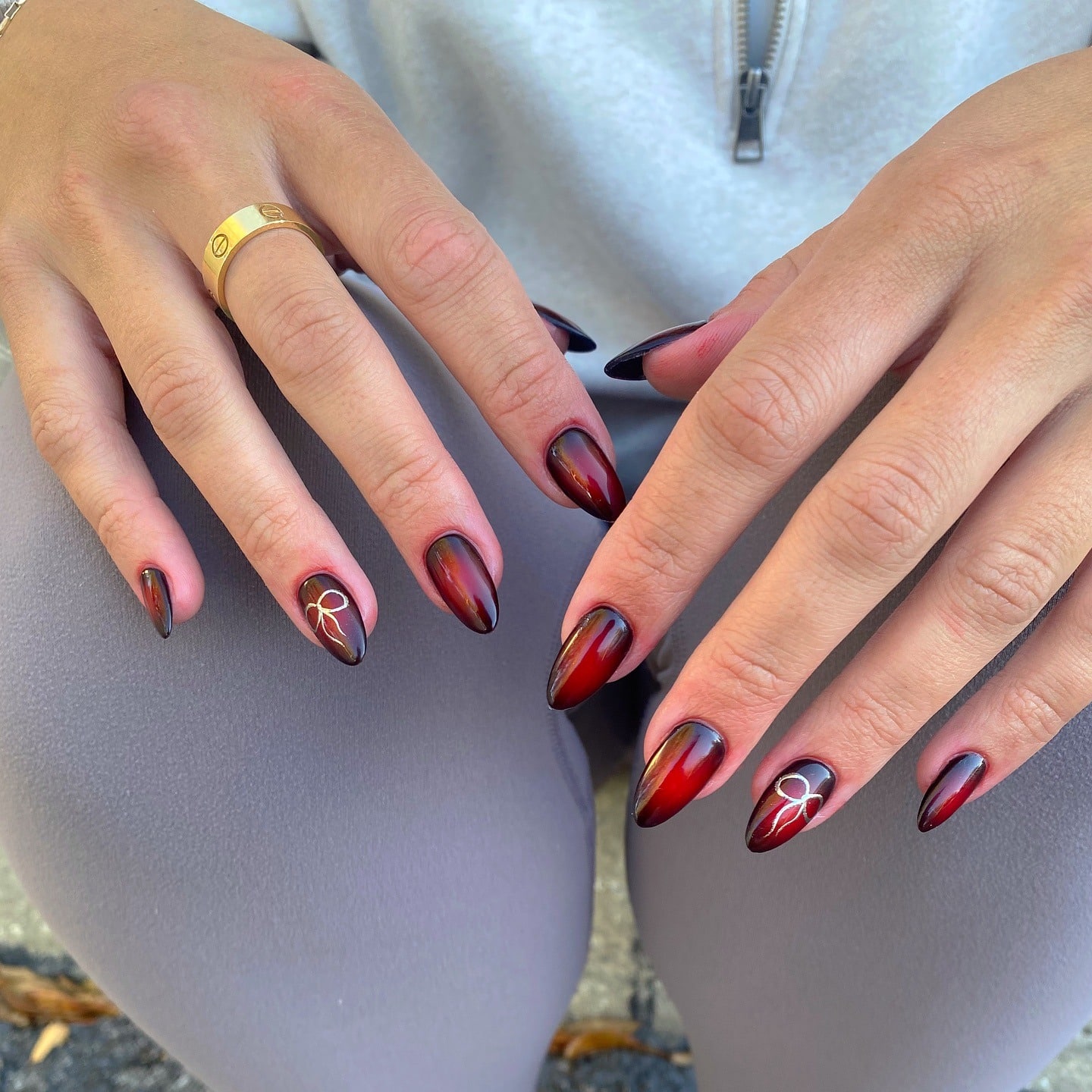 16. Deep Cherry Aura Almond Nails - short thanksgiving nail ideas