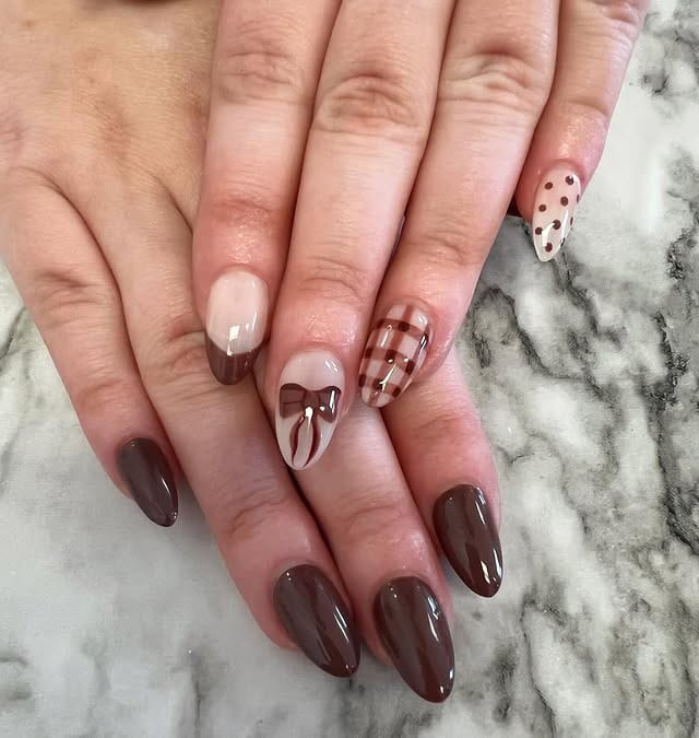 22. Mocha Bow and Plaid Almond Nails - short thanksgiving nail ideas