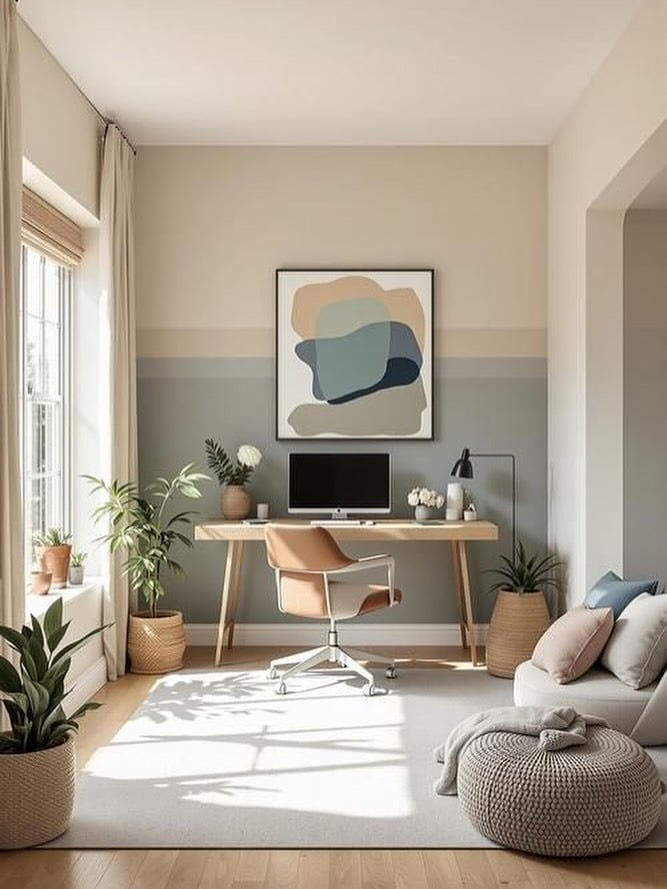 1. Soft Beige & Sage Minimalist Home Office - minimalist home office ideas