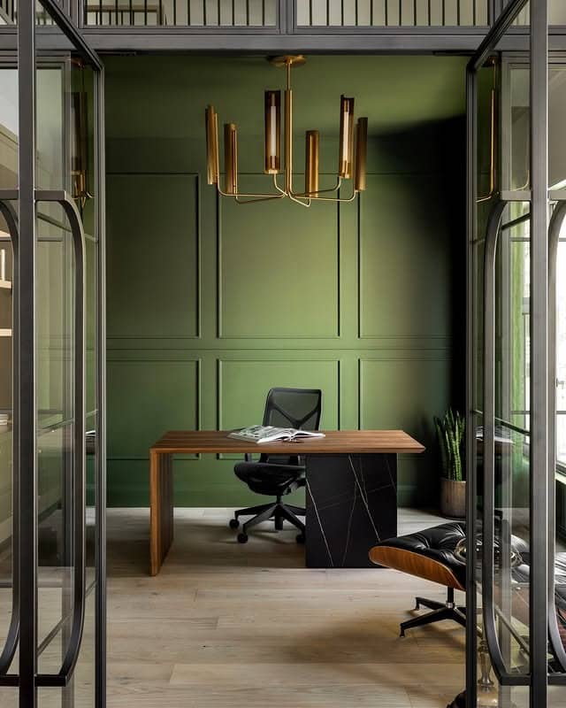 2. Deep Green Executive Office with Brass Accents - minimalist home office ideas