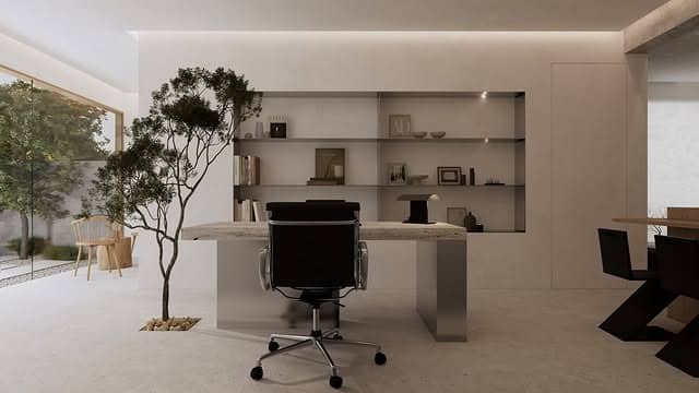 3. Warm Neutral Contemporary Workspace - minimalist home office ideas