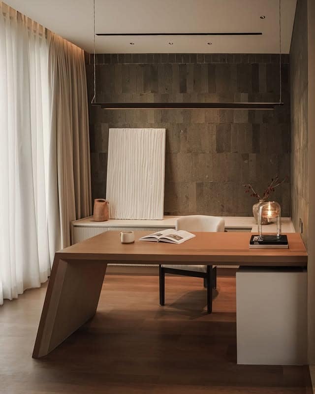 4. Dark Wood Minimalist Office with Ambient Lighting - minimalist home office ideas