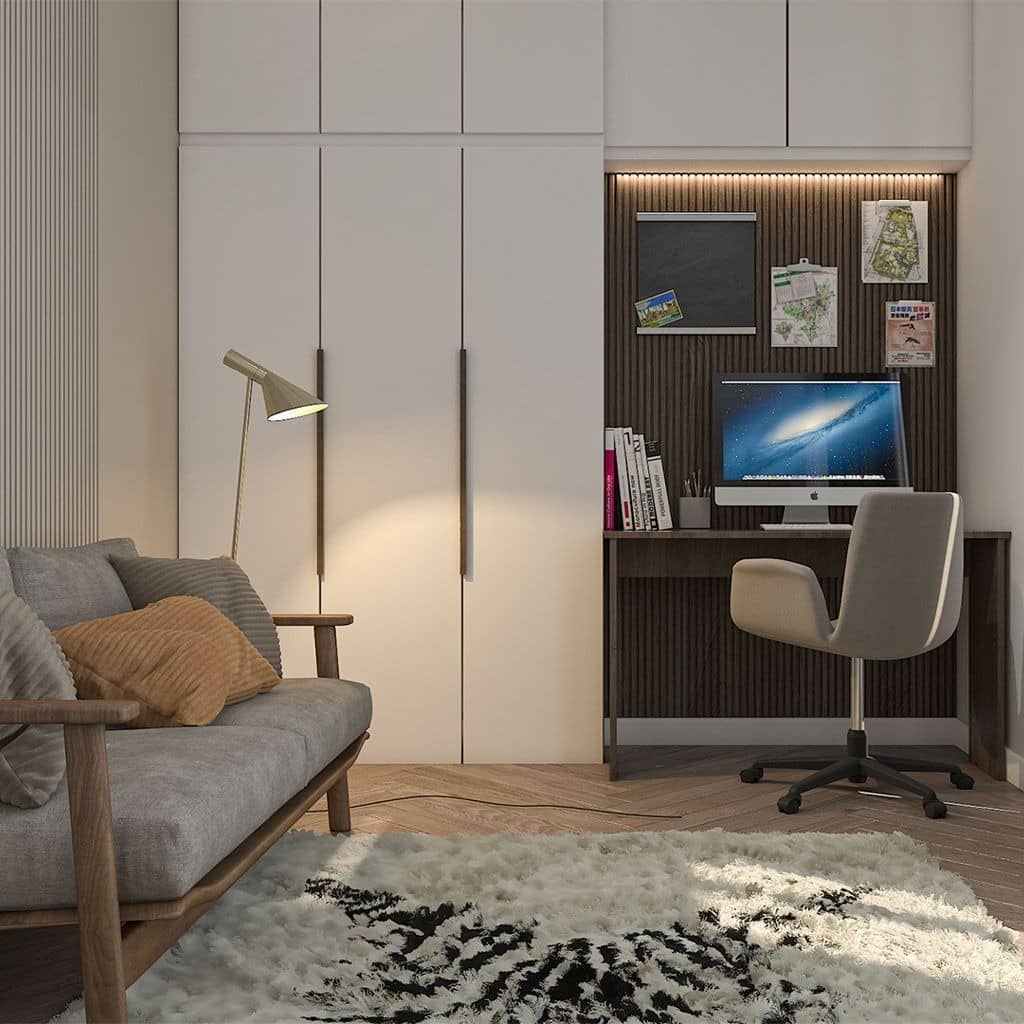 6. Compact Beige & Walnut Home Office Nook - minimalist home office ideas