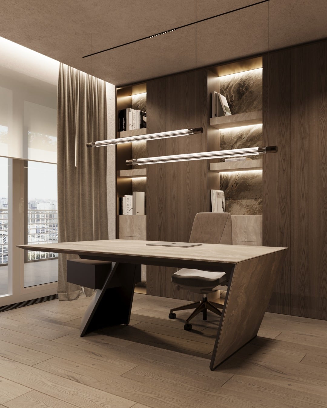 7. Modern Walnut Office with Statement Lighting - minimalist home office ideas
