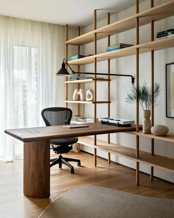 11. Warm Walnut Minimalist Office with Open Shelving - minimalist home office ideas