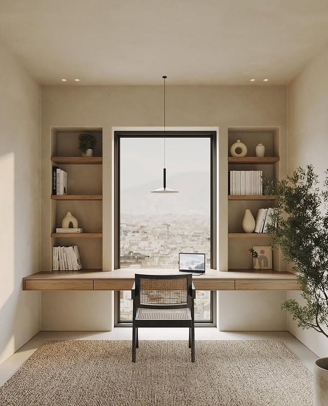 12. Beige & Oak Window-Focused Home Office - minimalist home office ideas
