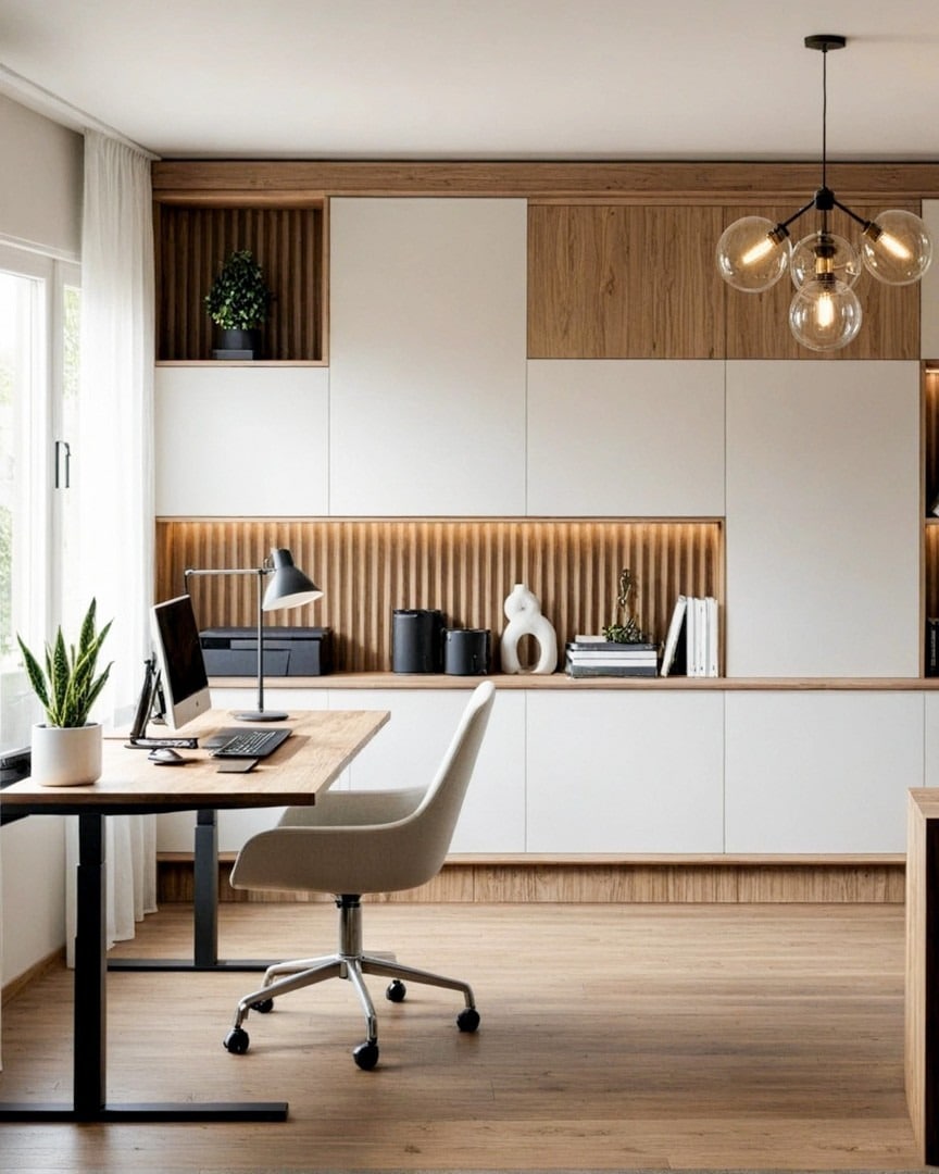 13. Modern White & Wood Office with Integrated Storage - minimalist home office ideas