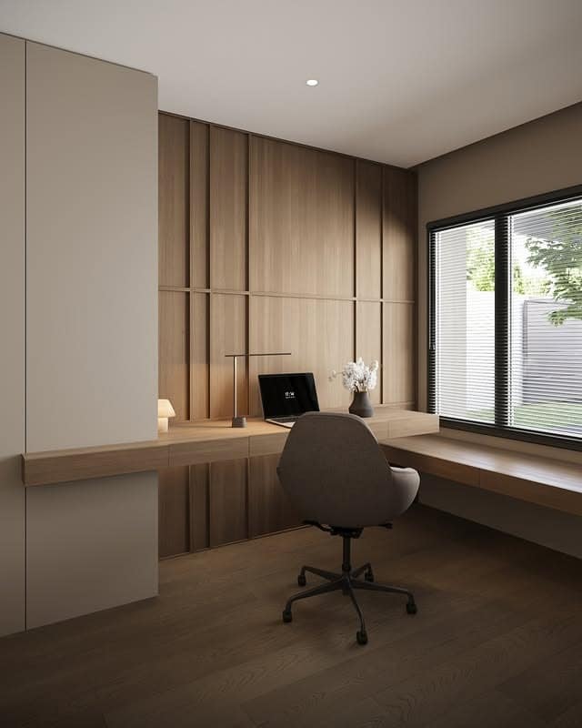 15. Taupe & Walnut Built-In Office Design - minimalist home office ideas