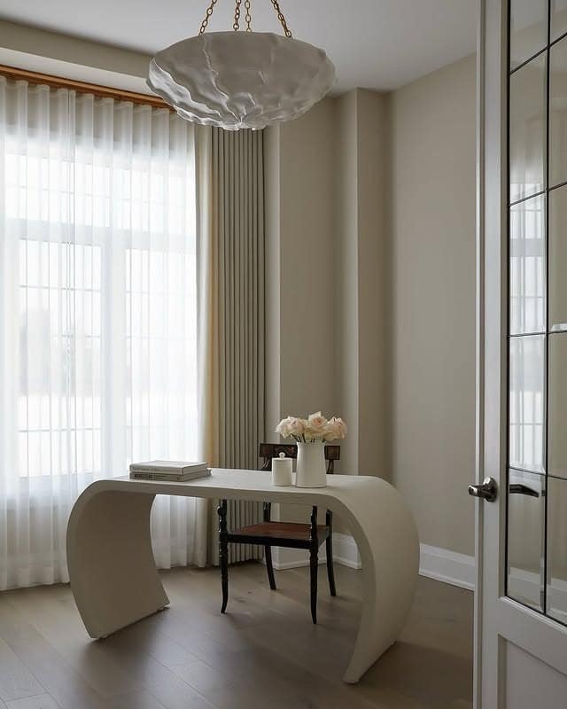 16. Soft Ivory Contemporary Writing Corner - minimalist home office ideas
