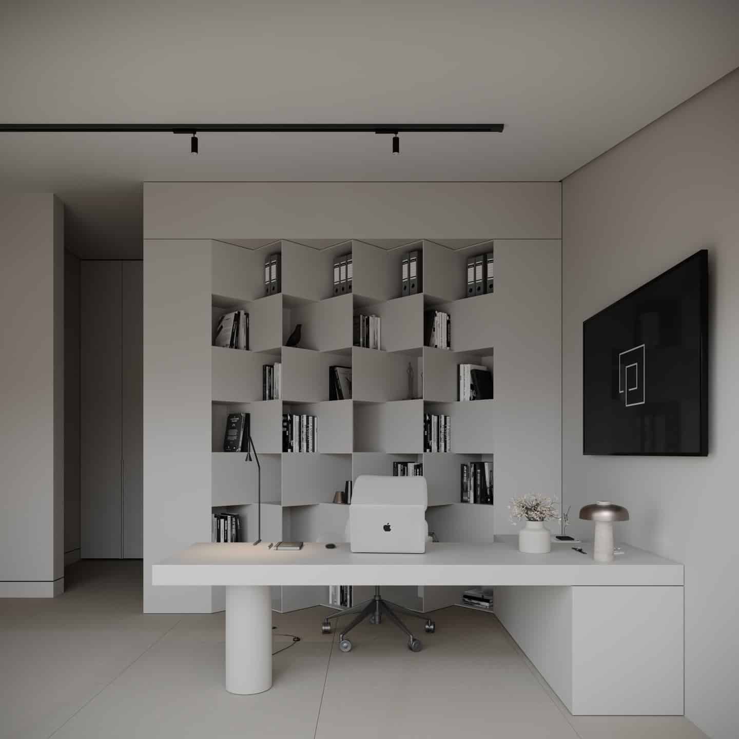 17. Monochrome Minimalist Office with Geometric Shelving - minimalist home office ideas