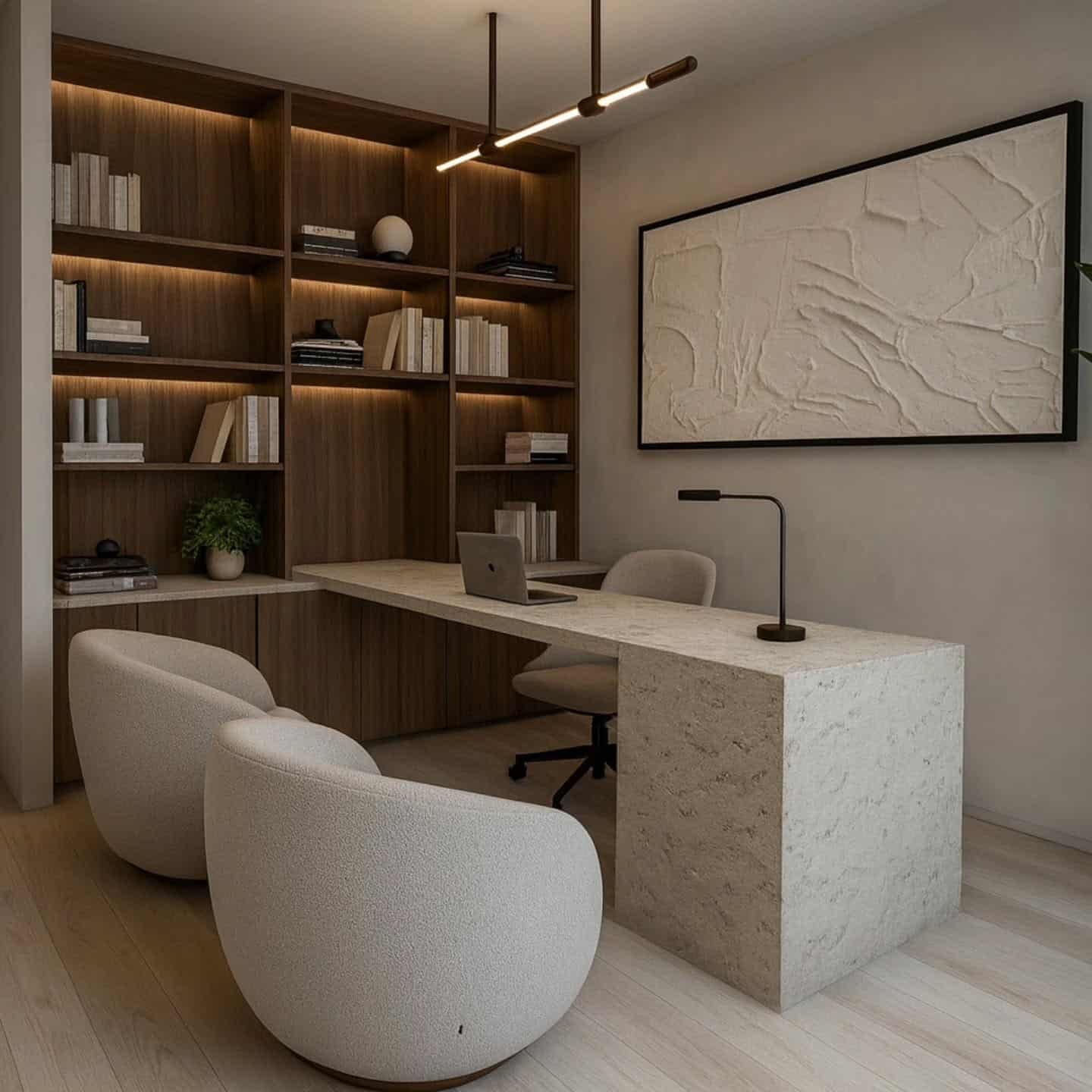 19. Stone & Walnut Modern Office Retreat - minimalist home office ideas