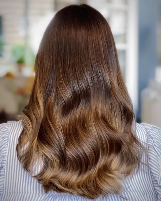 2. Glossy Chocolate Brown Waves with Toffee Ends - Chocolate Toffee Hair Color