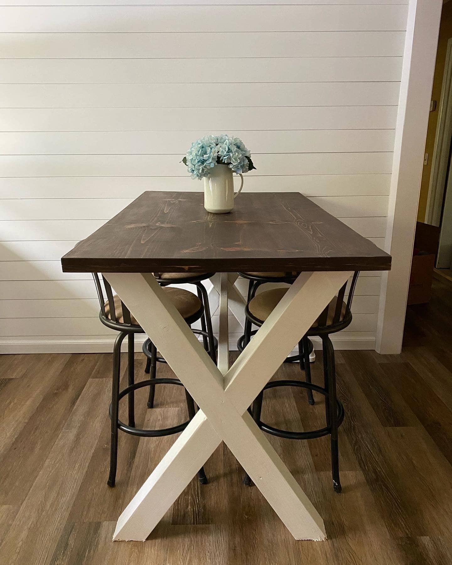 5. Dark Wood and White Farmhouse Kitchen Table Idea - kitchen table ideas