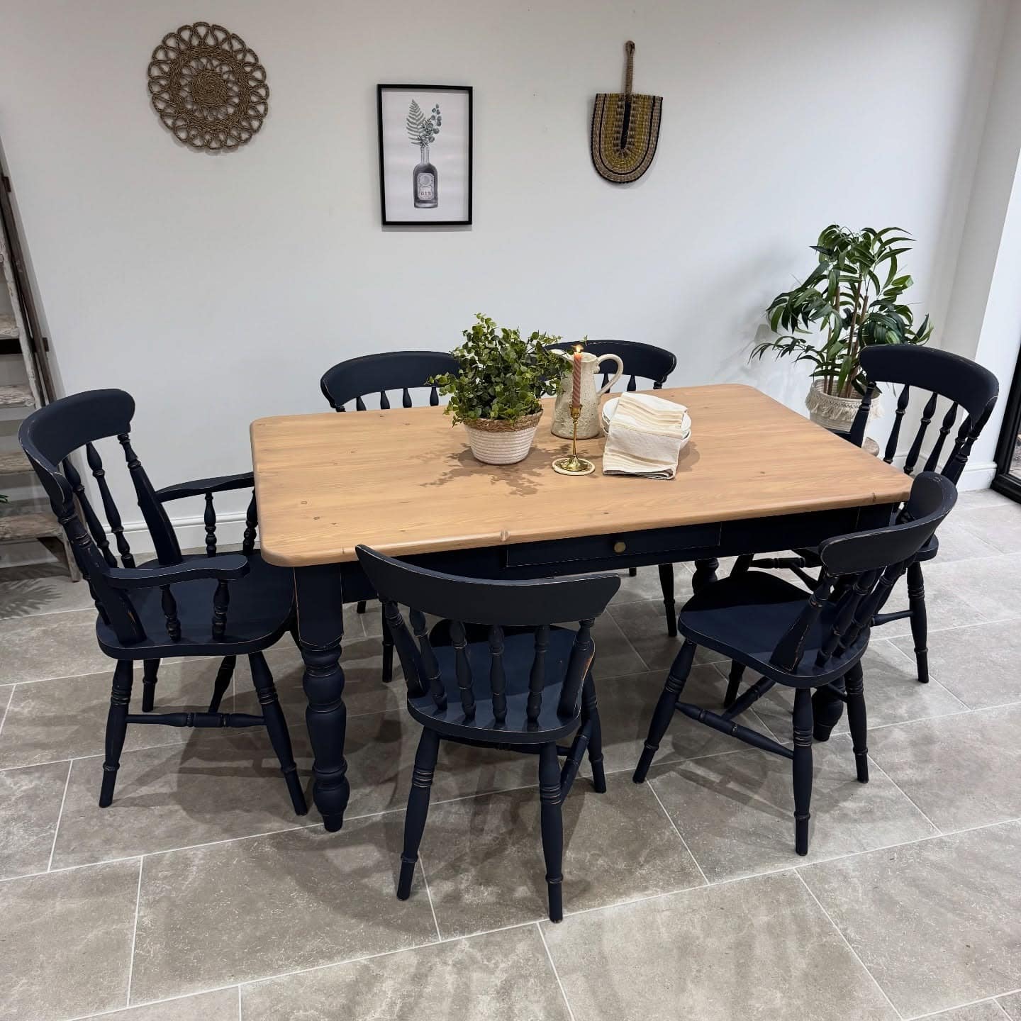 7. Natural Pine and Navy Cottage Kitchen Table Idea - kitchen table ideas