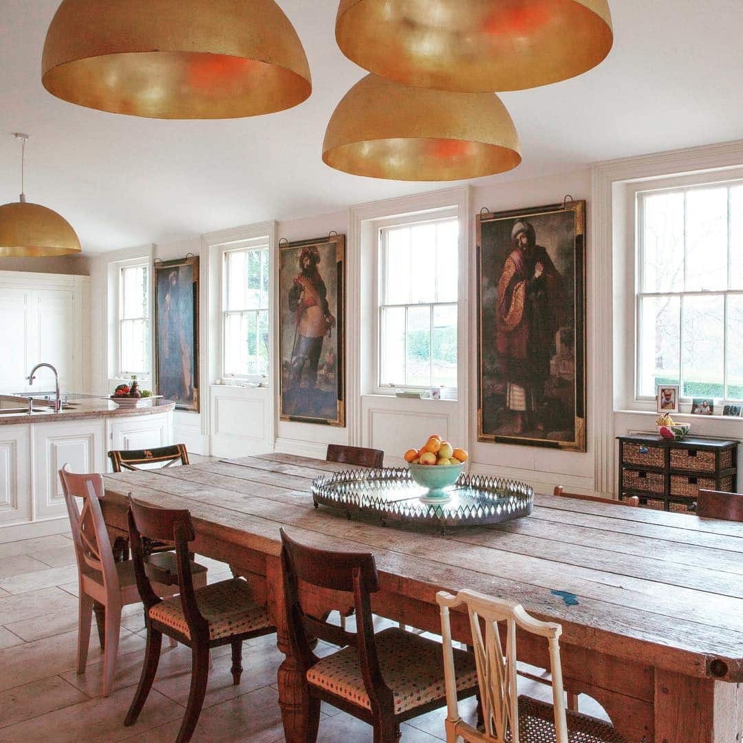10. Reclaimed Wood and Gold Statement Kitchen Table Idea - kitchen table ideas
