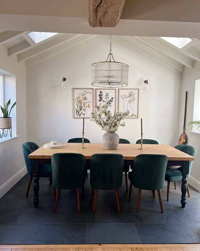 16. Natural Wood and Emerald Green Dining Table Idea - kitchen table ideas