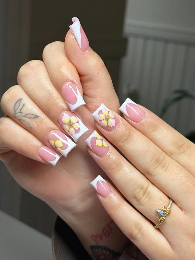 10. Floral French Square Nails - cute nail ideas for short nails
