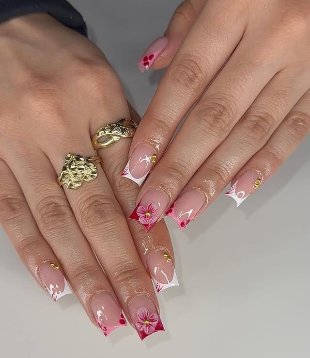 11. Pink Floral French Tip Square Nails - cute nail ideas for short nails