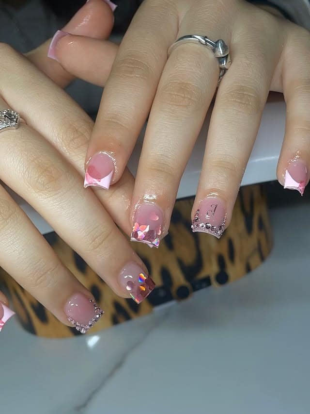 12. Pink Rhinestone Aura Nails - cute nail ideas for short nails