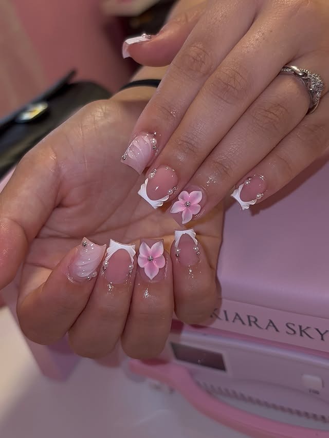 15. Pink 3D Flower French Tip Nails - cute nail ideas for short nails
