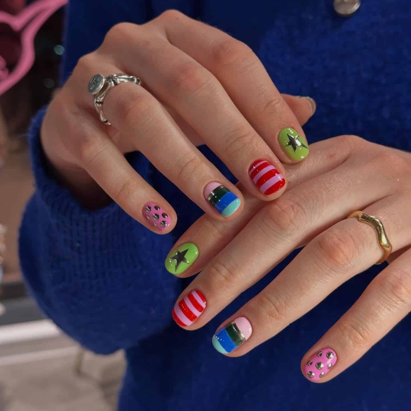 17. Colorful Mixed Pattern Short Nails - cute nail ideas for short nails