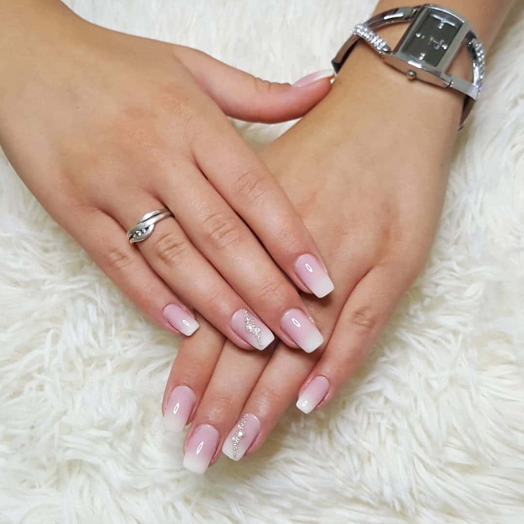 10. Milky Ombre Square Nails with Rhinestones - milky nail ideas