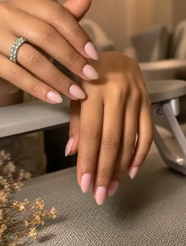 14. Glossy Milky Pink Almond Nails - milky nail ideas