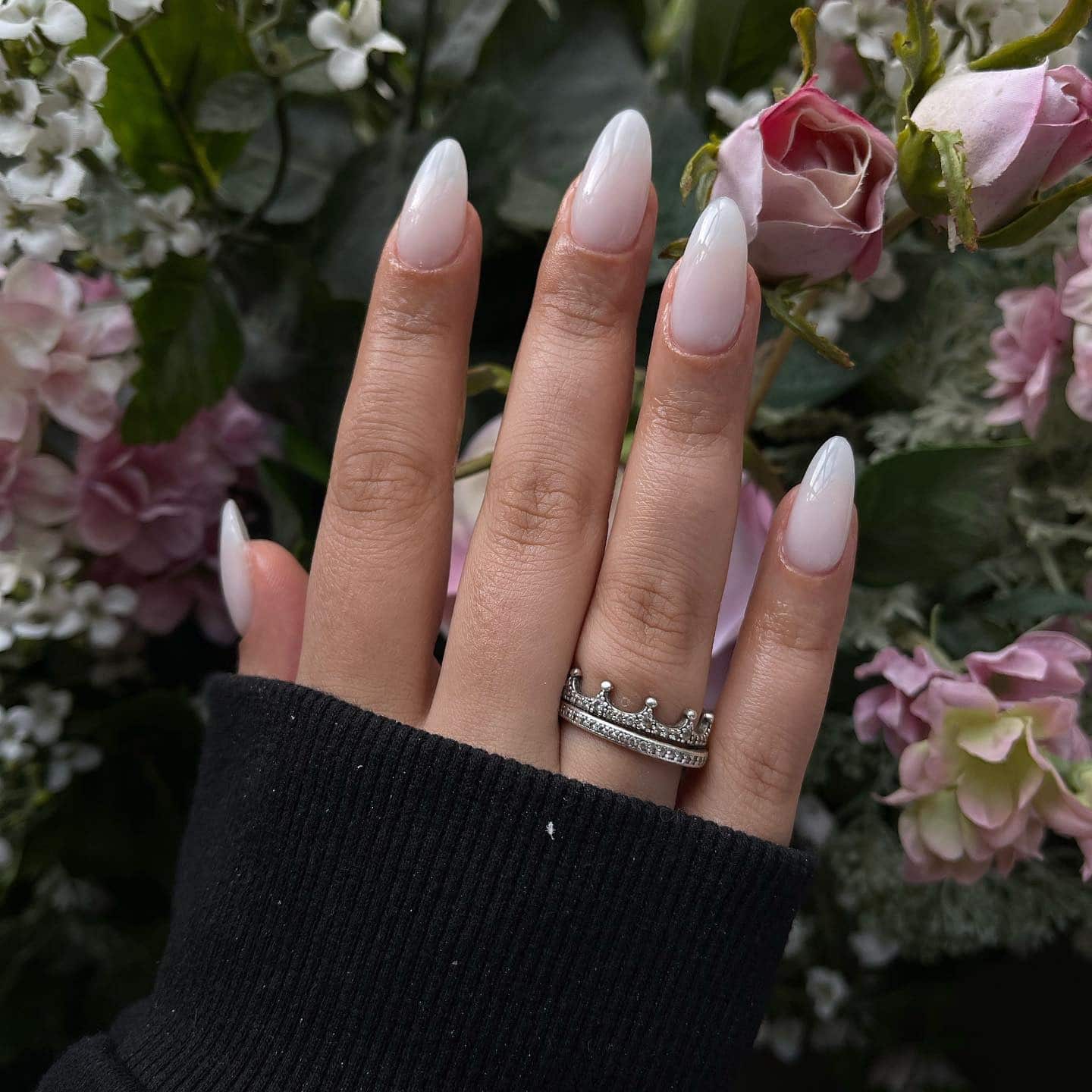 18. Milky Pearl Almond Nails - milky nail ideas
