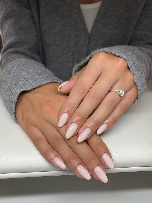 20. Soft Milky Pink Almond Nails - milky nail ideas