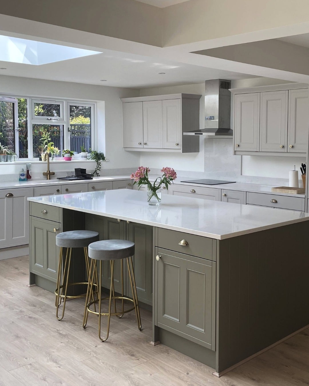 2. Taupe Sage Kitchen With Brass Accents - sage green kitchen ideas