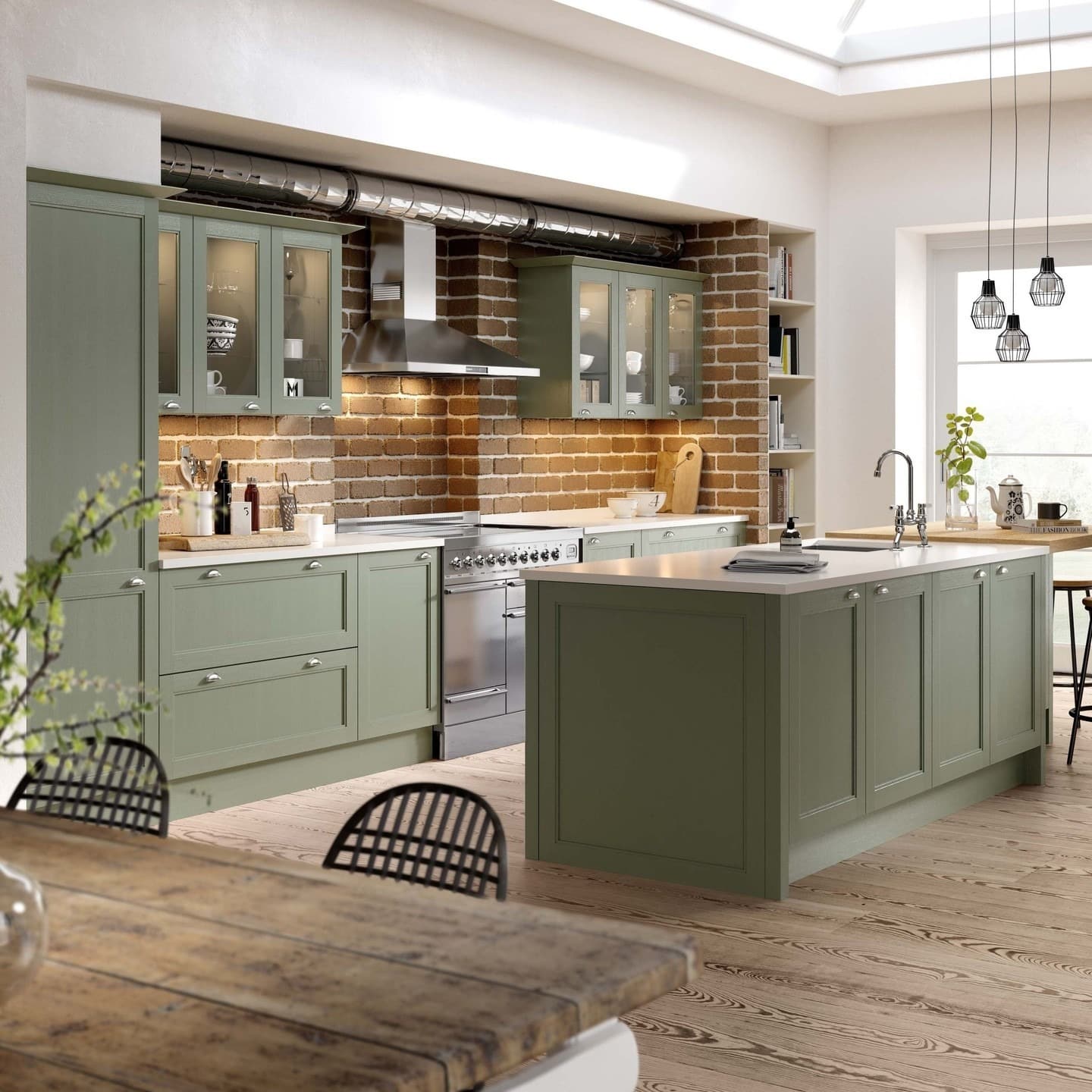 3. Rustic Sage Green Kitchen With Brick Backsplash - sage green kitchen ideas