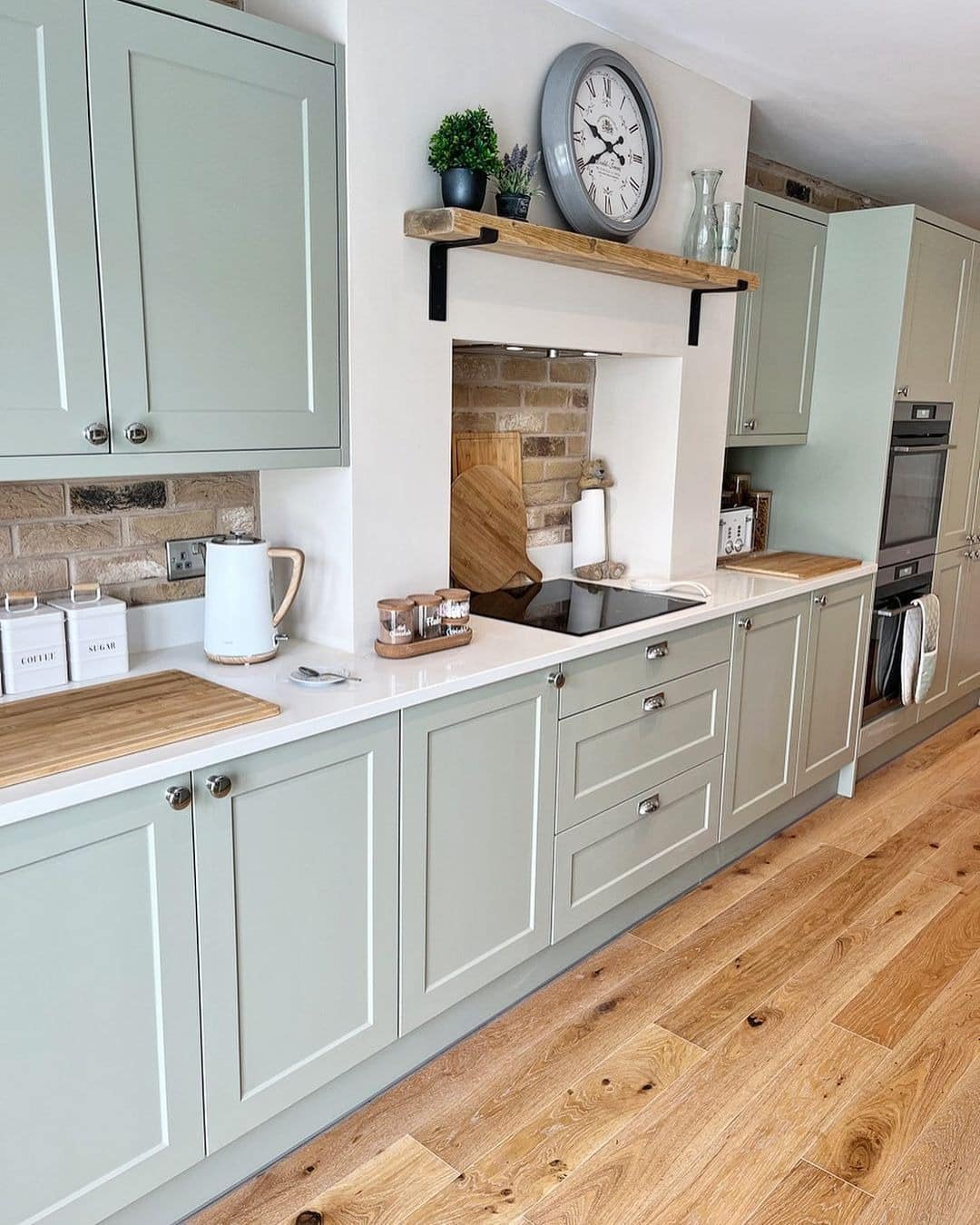 4. Pale Sage Shaker Kitchen With Oak Details - sage green kitchen ideas