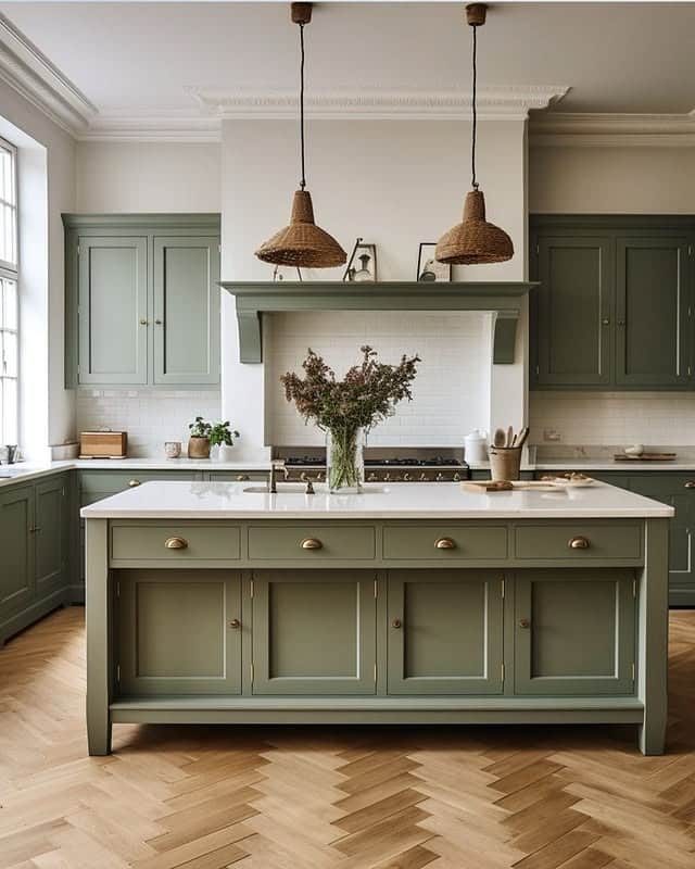 5. Deep Sage Kitchen With Traditional Styling - sage green kitchen ideas