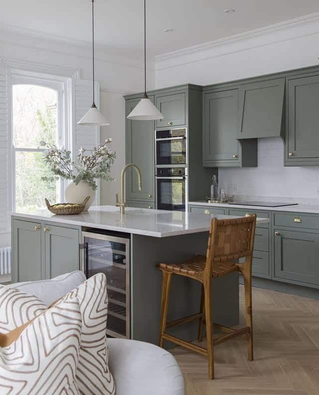 7. Dusty Sage Kitchen With Gold Fixtures - sage green kitchen ideas