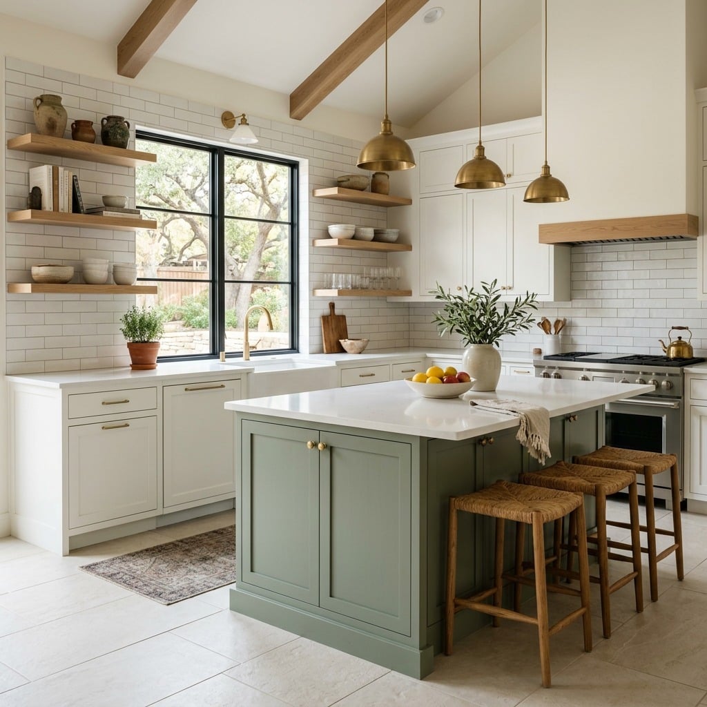 14. Sage Green Island Kitchen With Natural Wood Accents - sage green kitchen ideas