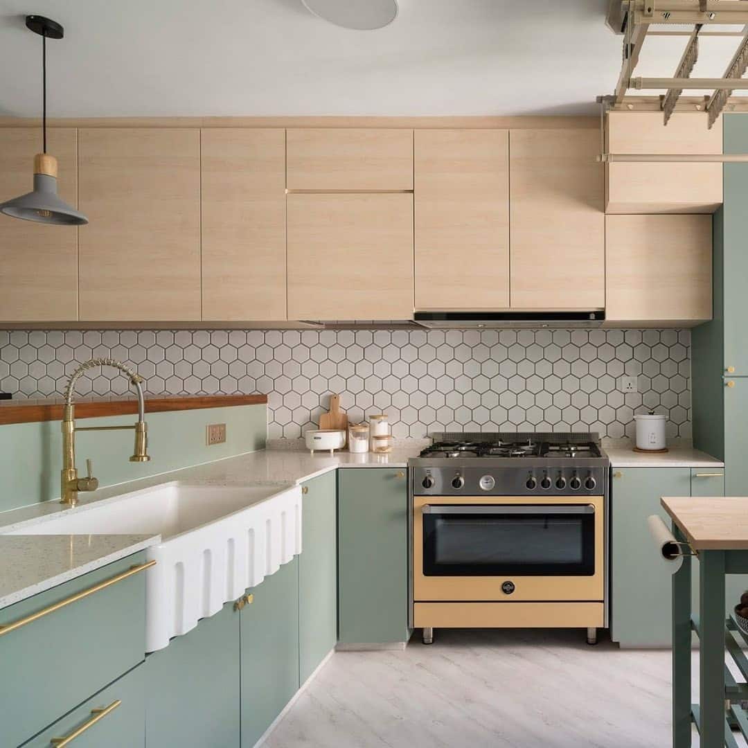 15. Contemporary Sage Kitchen With Hexagon Tile Backsplash - sage green kitchen ideas