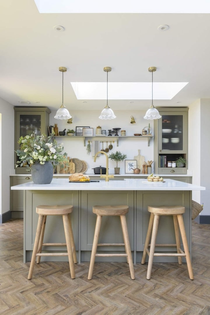 16. Olive Sage Kitchen With Skylight Island - sage green kitchen ideas