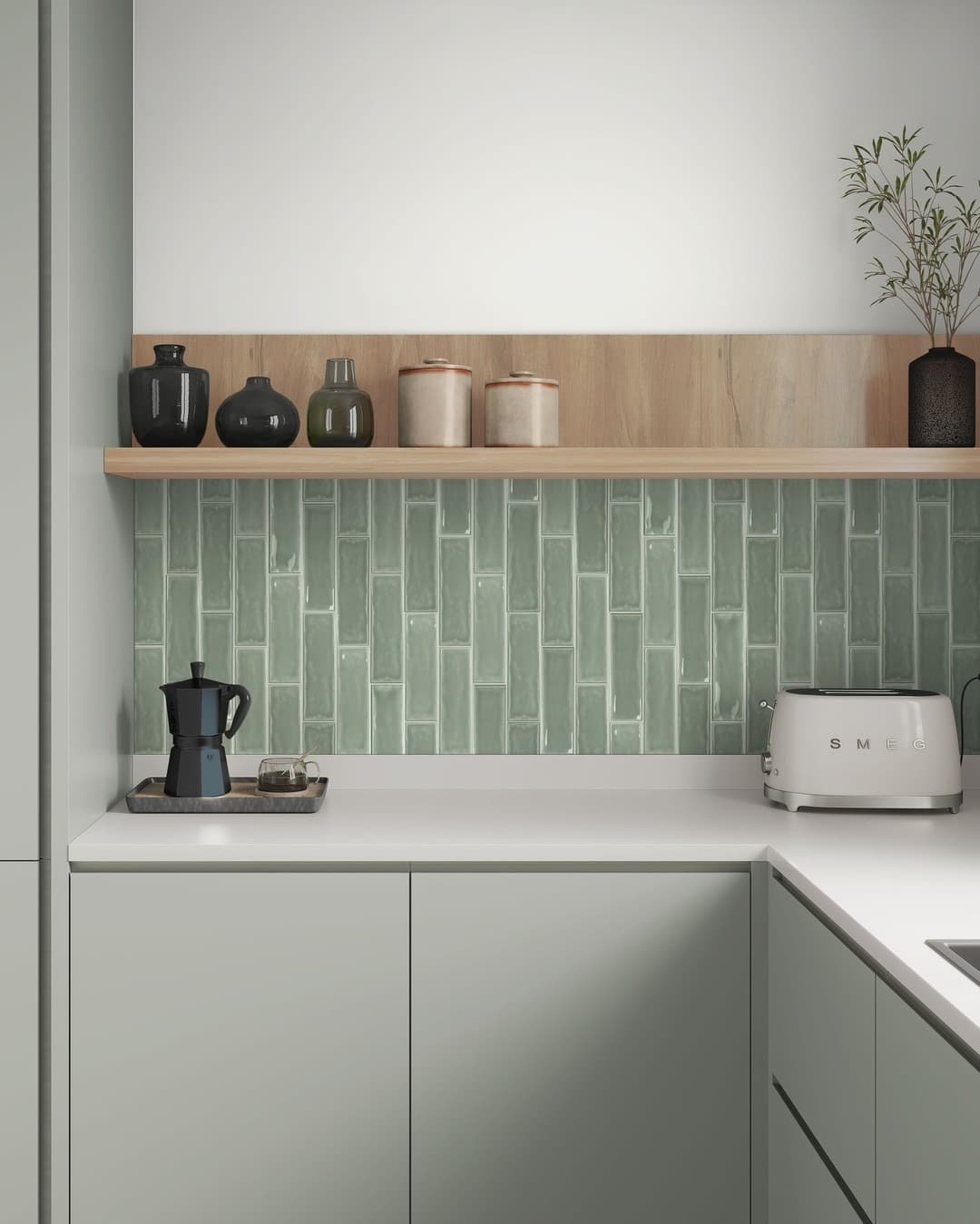 20. Glossy Sage Tile Kitchen With Minimal Cabinets - sage green kitchen ideas