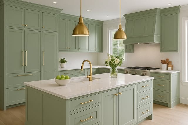 22. Elegant Sage Green Kitchen With Brass Hardware - sage green kitchen ideas