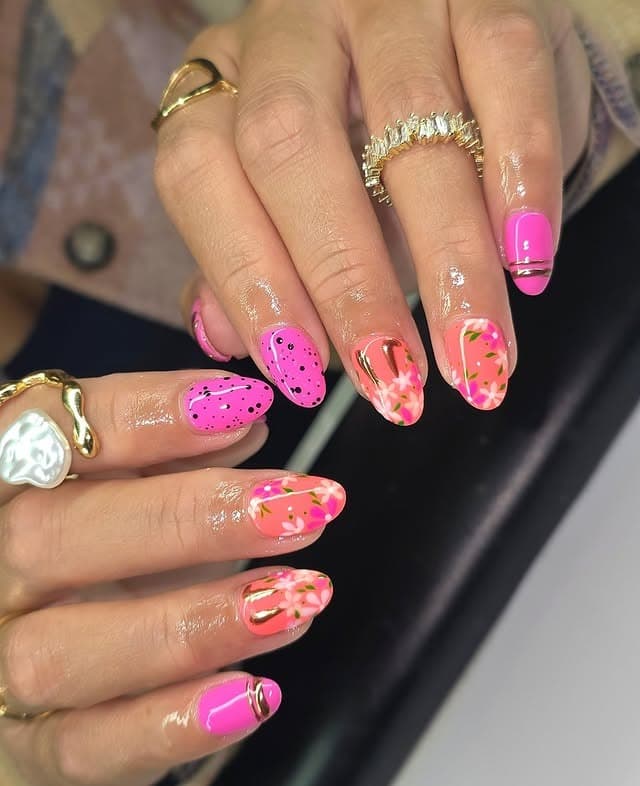1. Bright Pink Floral Almond Nails with Gold Accents - easter nail ideas