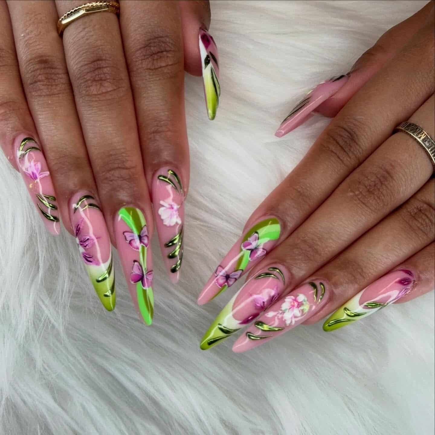 6. Pink and Lime Floral Stiletto Nails - easter nail ideas