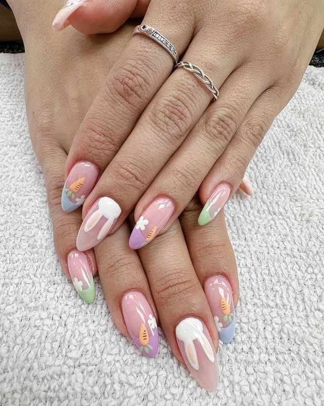 7. Pastel Bunny and Carrot Almond Nails - easter nail ideas