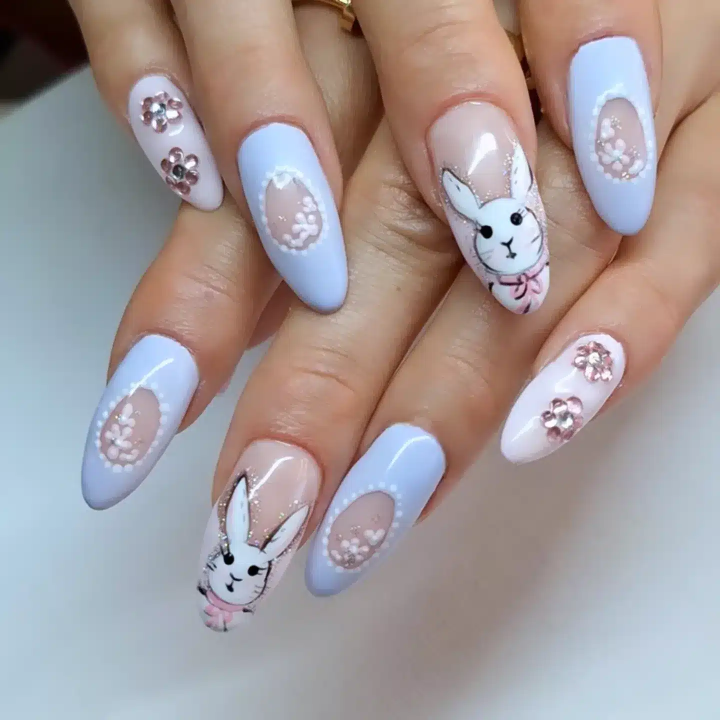 8. Lavender Bunny Easter Nails with Rhinestones - easter nail ideas