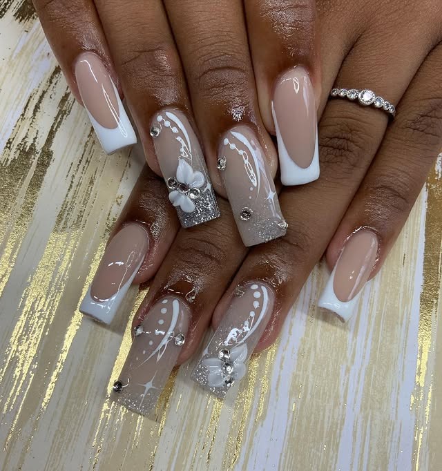 10. White French Tip Glam Coffin Nails - easter nail ideas